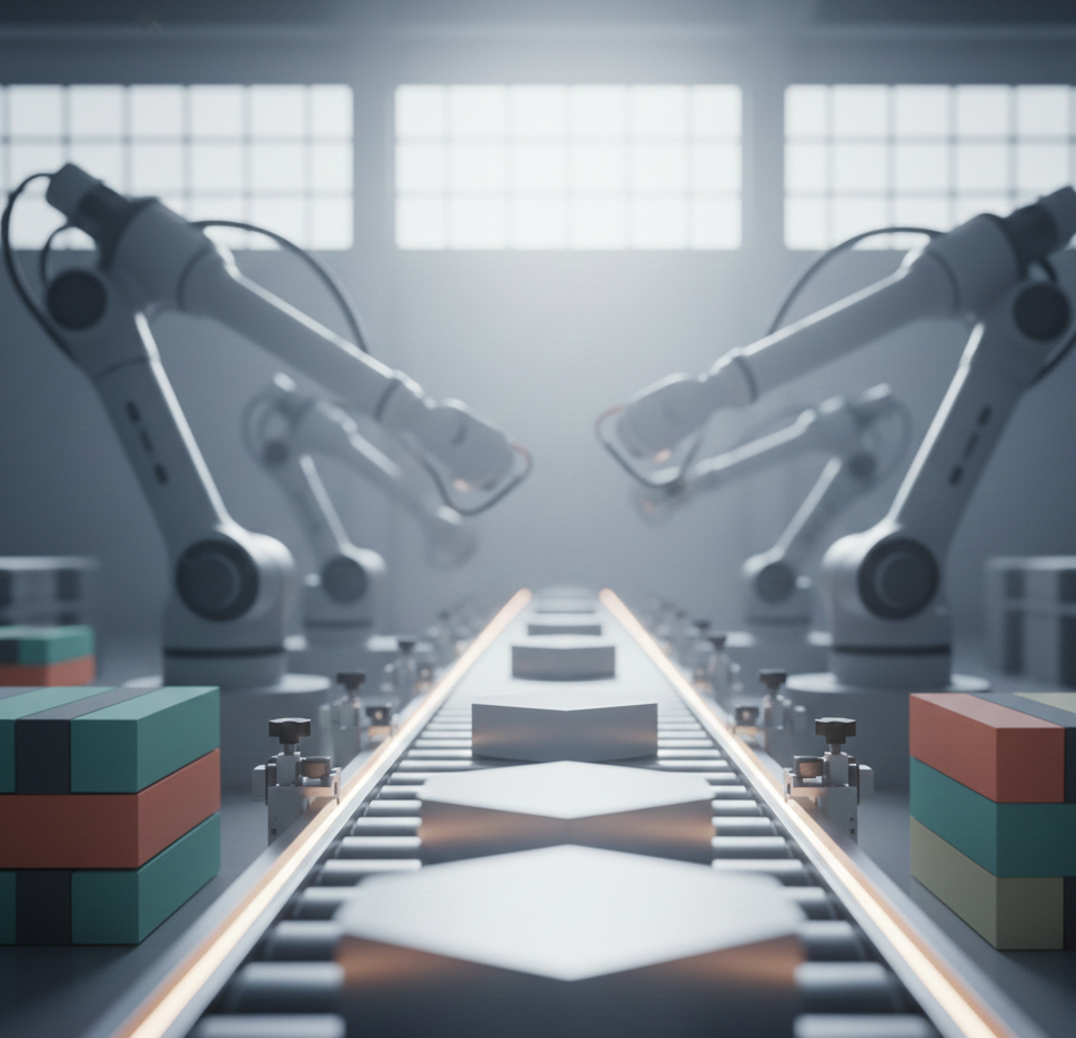 Industrielle Roboterarme arbeiten an einer Montagebandlinie in einem modernen, hell beleuchteten Fabrikraum.