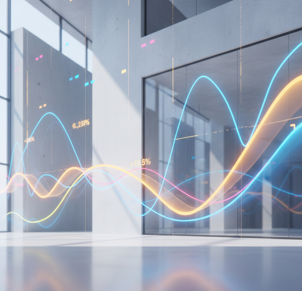 Abstrakte bunte Linien- und Kurvendiagramme mit Prozentzahlen vor einem modernen Gebäude mit großen Fenstern.