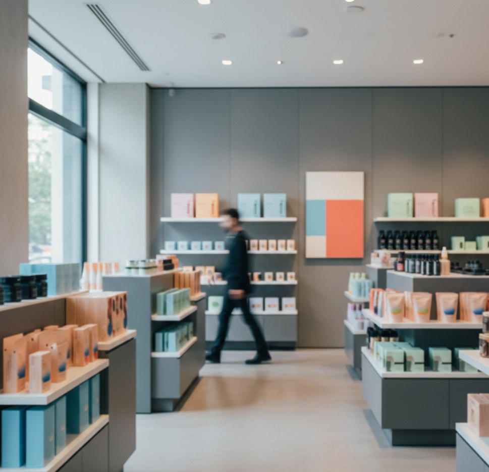 Moderner Laden mit Regalen voller Kosmetikprodukte und einer Person, die vorbeigeht.