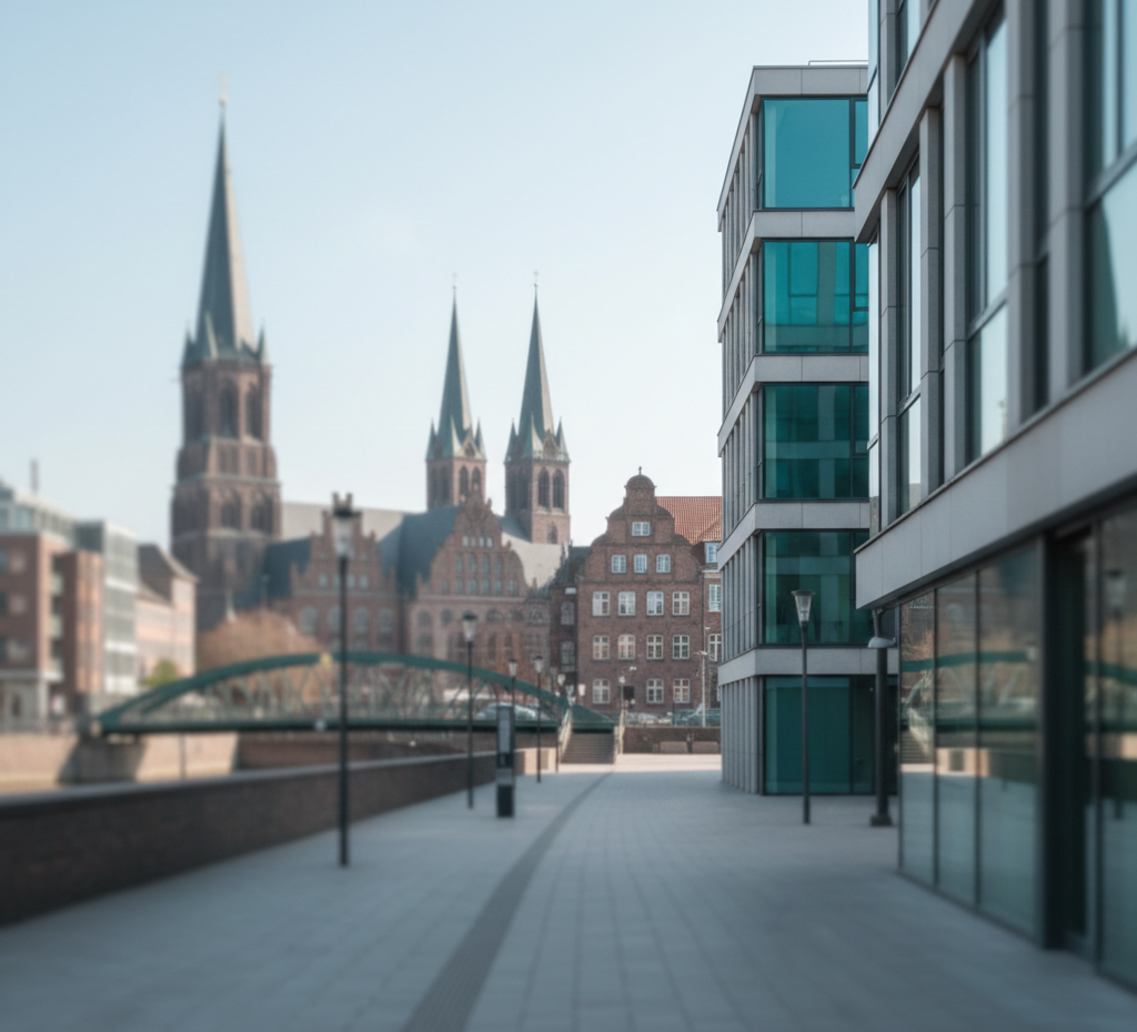 Moderner Gehweg mit Glasfassade rechts und historischer Stadtsilhouette mit drei Kirchtürmen im Hintergrund in Bremen.