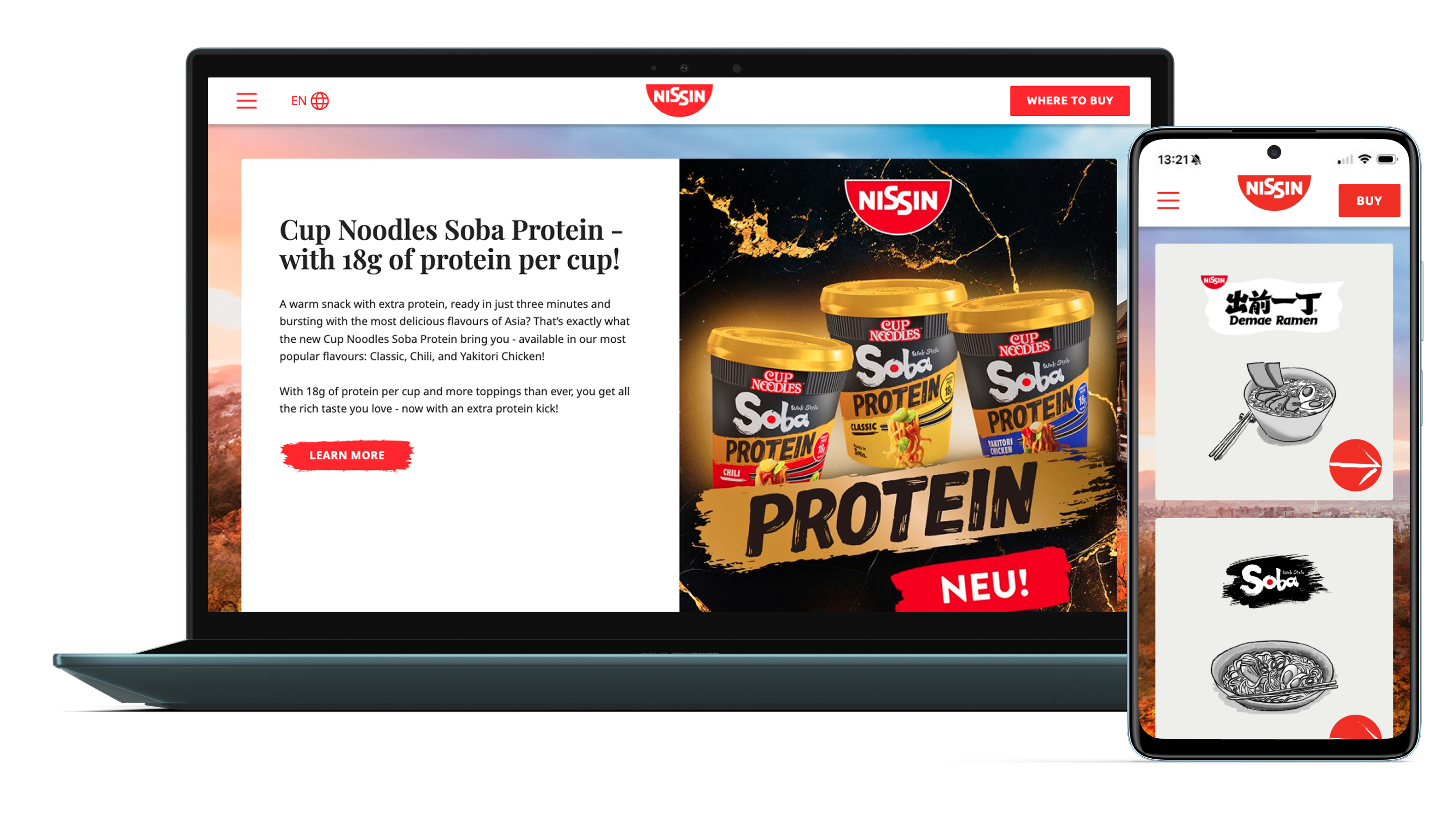 Laptop zeigt Werbung für Cup Noodles Soba Protein mit 18g Protein je Becher, dazu drei Produktbilder; neben Smartphone mit Nissin-App und Illustrationen von Demae Ramen und Soba.