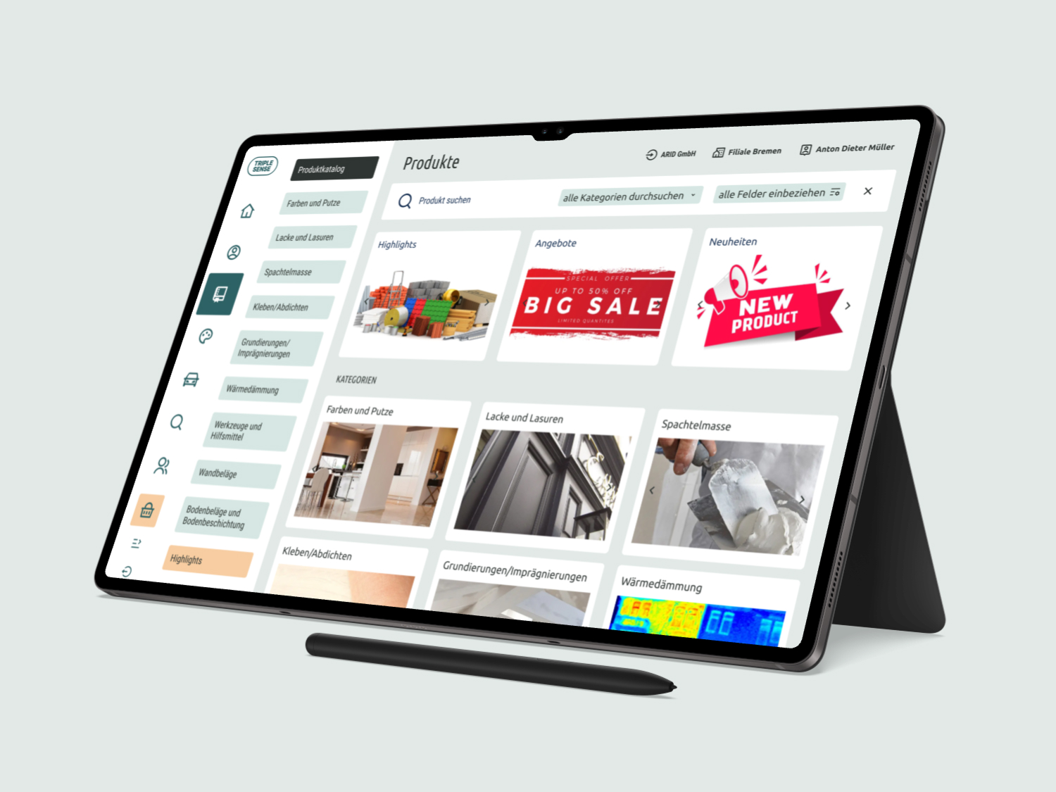 Tablet mit Ständer und Stift zeigt eine Produktkatalog-Website für Farben, Lacke, Spachtelmasse und weitere Baumaterialien.