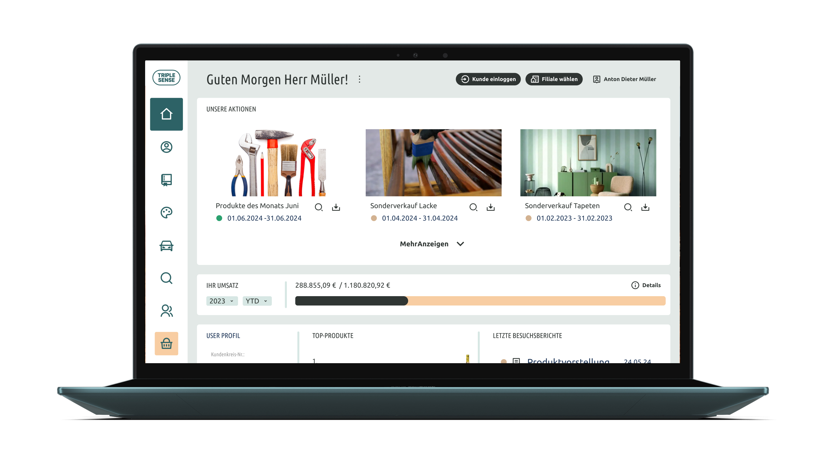 Laptop-Bildschirm zeigt ein Dashboard mit Begrüßung ‚Guten Morgen Herr Müller‘, Werkzeug- und Wohnzimmerelementen als Aktionen und einem Umsatzbalken.