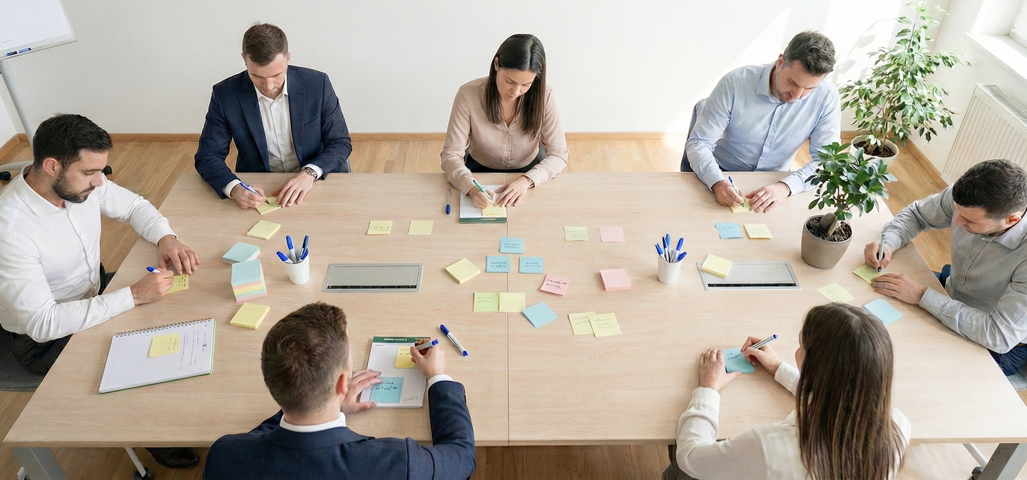 Acht Personen sitzen an einem großen Konferenztisch, sie schreiben auf bunte Notizzettel in einem hellen Besprechungsraum.