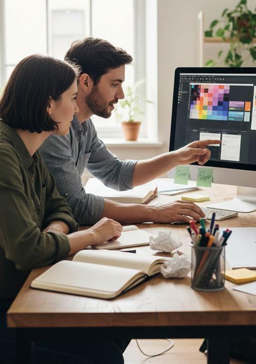 Zwei Personen arbeiten gemeinsam an einem Computer und betrachten ein Farbraster auf dem Bildschirm in einem hellen Büro.