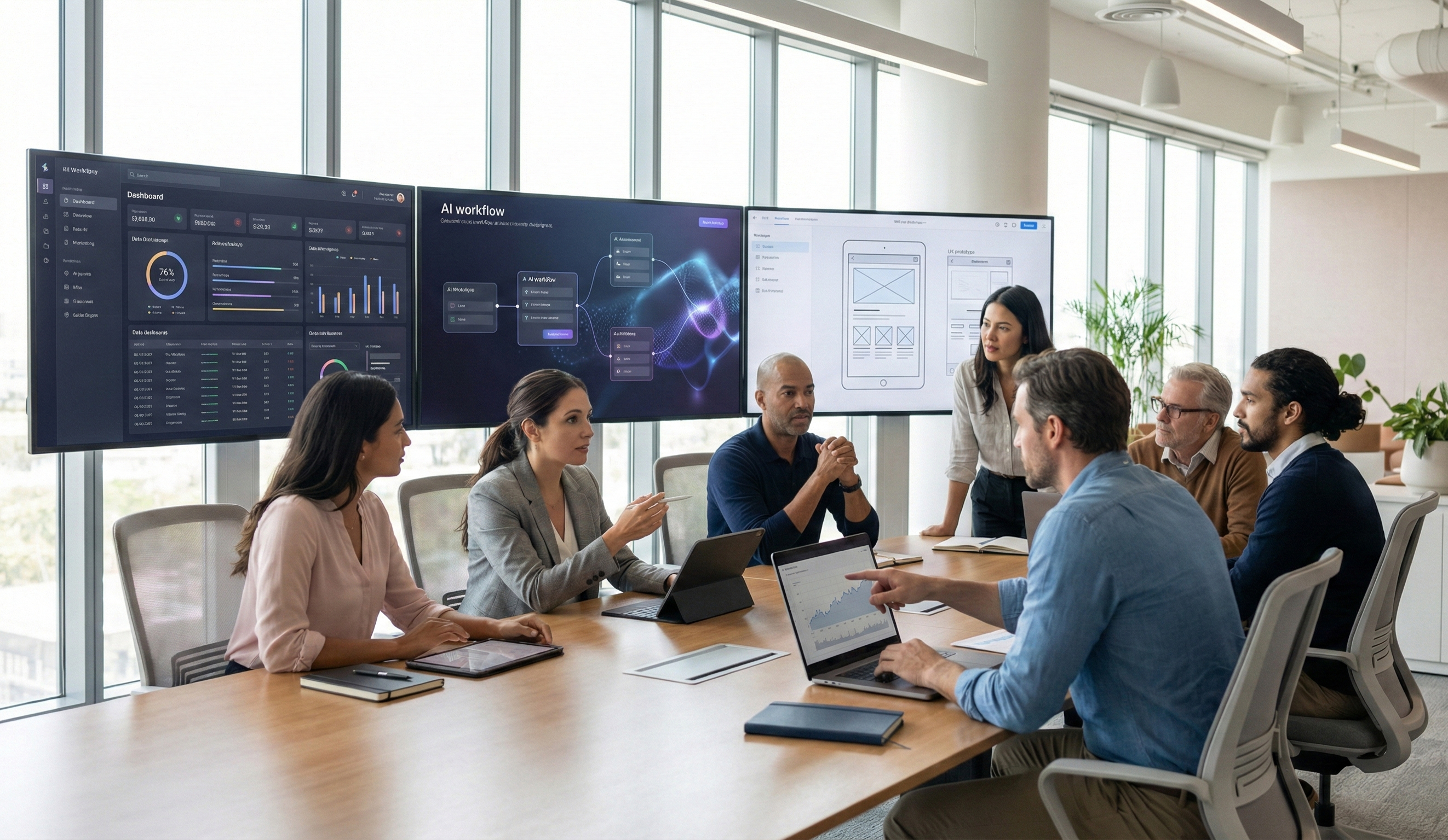 Ein Team aus sechs Personen diskutiert in einem modernen Besprechungsraum vor drei großen Bildschirmen mit Daten- und Workflow-Diagrammen.