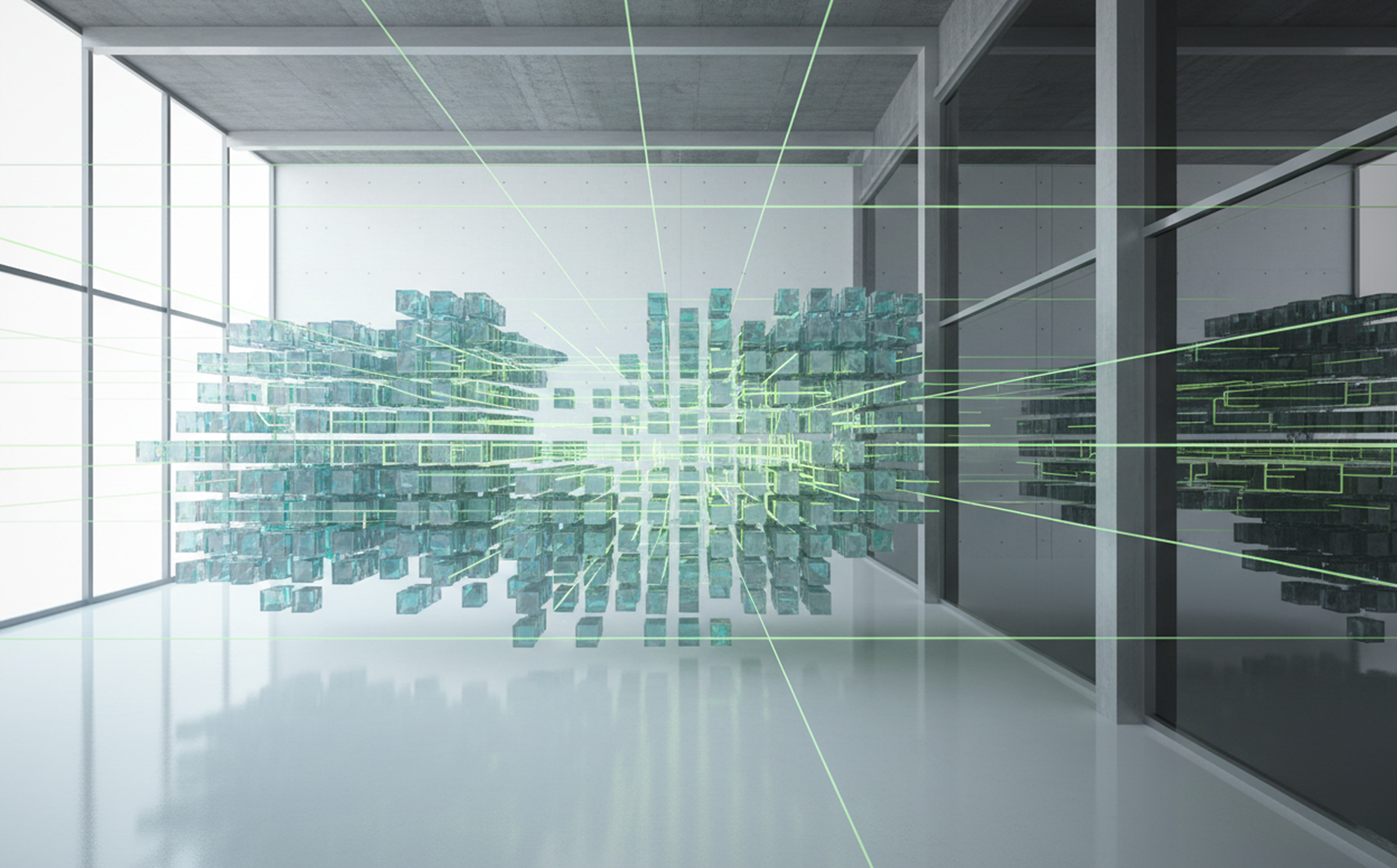 Transparente 3D-Würfel schweben in einem modernen Raum mit reflektierendem Boden, durchzogen von dünnen, grünen Lichtlinien, die ein digitales Netzwerk symbolisieren.