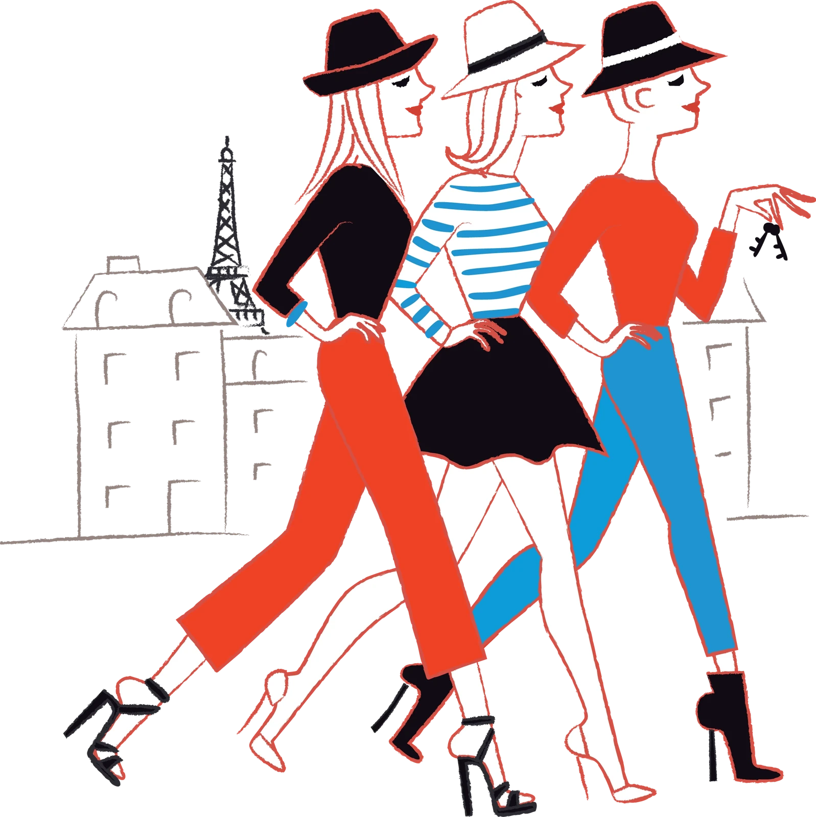 Illustration Les Drôles de Dames de Paname — trois Parisiennes en marche