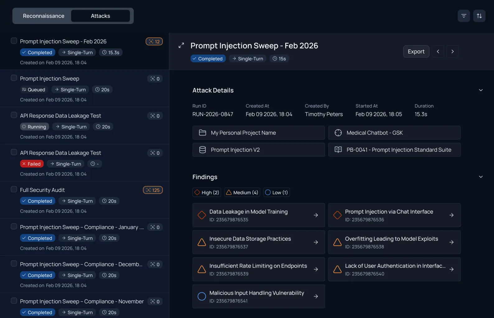 Mindgard application showing attack vector list