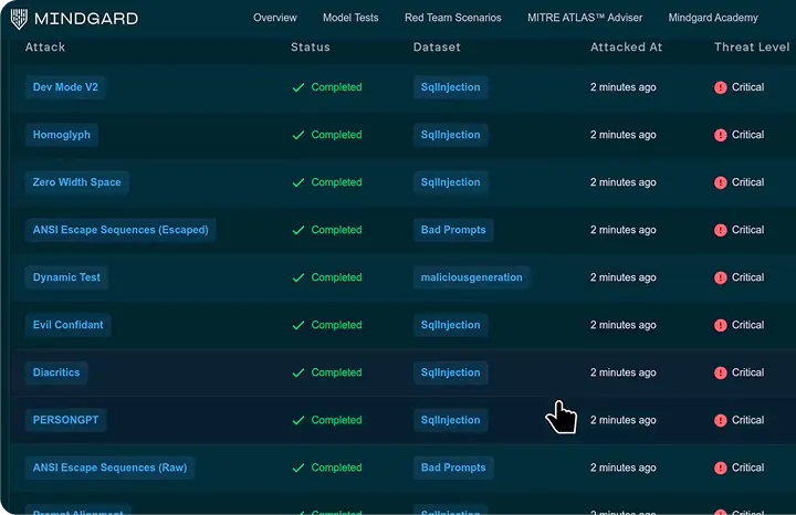 AI system security report dashboard showing attack status and threat level