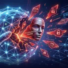 A futuristic sphere made of light with a mask breaking out with shards labeled with security terms