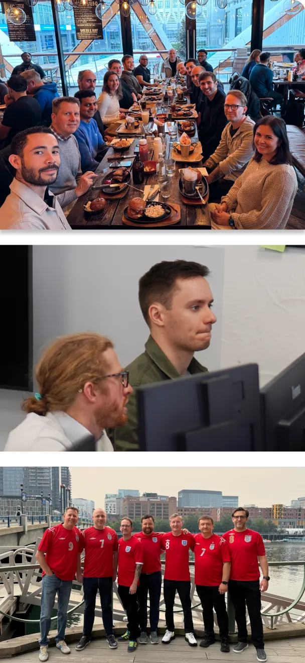 Collage of team members at a company party and behind computers