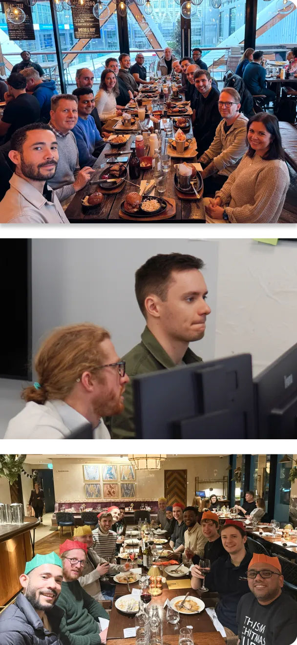 Collage of team members at a company party and behind computers