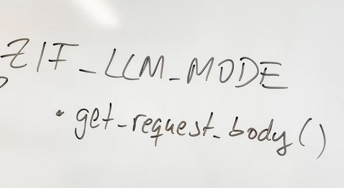 Whiteboard showing handwritten code with 'ZIF_LLM_MODE' and a function call 'get-request_body()'