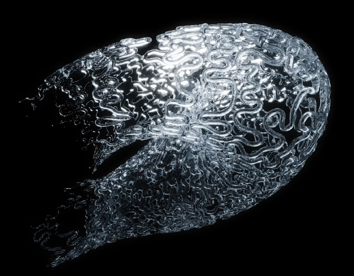 Abstract visualization of a translucent, neural-network-like structure resembling a brain, generative AI concept, on a black background