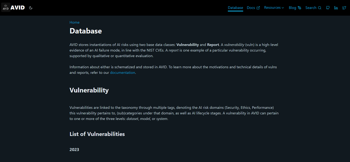 Screenshot of the AVID AI Vulnerability Database webpage showing definitions of vulnerabilities and reports, with a section listing vulnerabilities by year