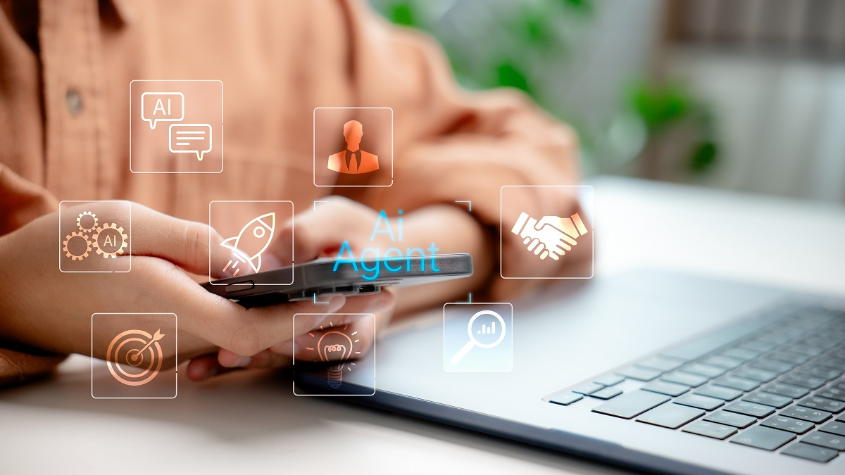 A person using a smartphone and laptop with floating digital icons labeled “AI Agent,” including chat bubbles, gears, rockets, and handshake symbols, representing agentic AI capabilities and the need for governance, oversight, and secure operation