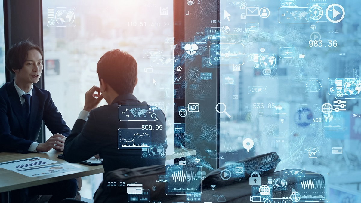 Business professionals discussing AI strategy in an office with digital data and risk analytics visualizations overlayed, symbolizing AI governance and risk management.