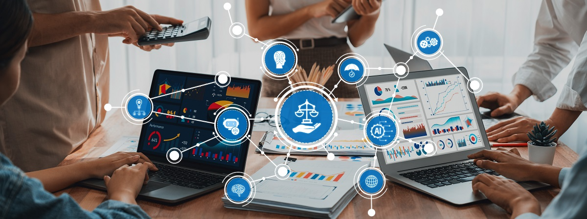 Team analyzing AI performance data on laptops with icons representing legal compliance, ethics, and AI risk governance