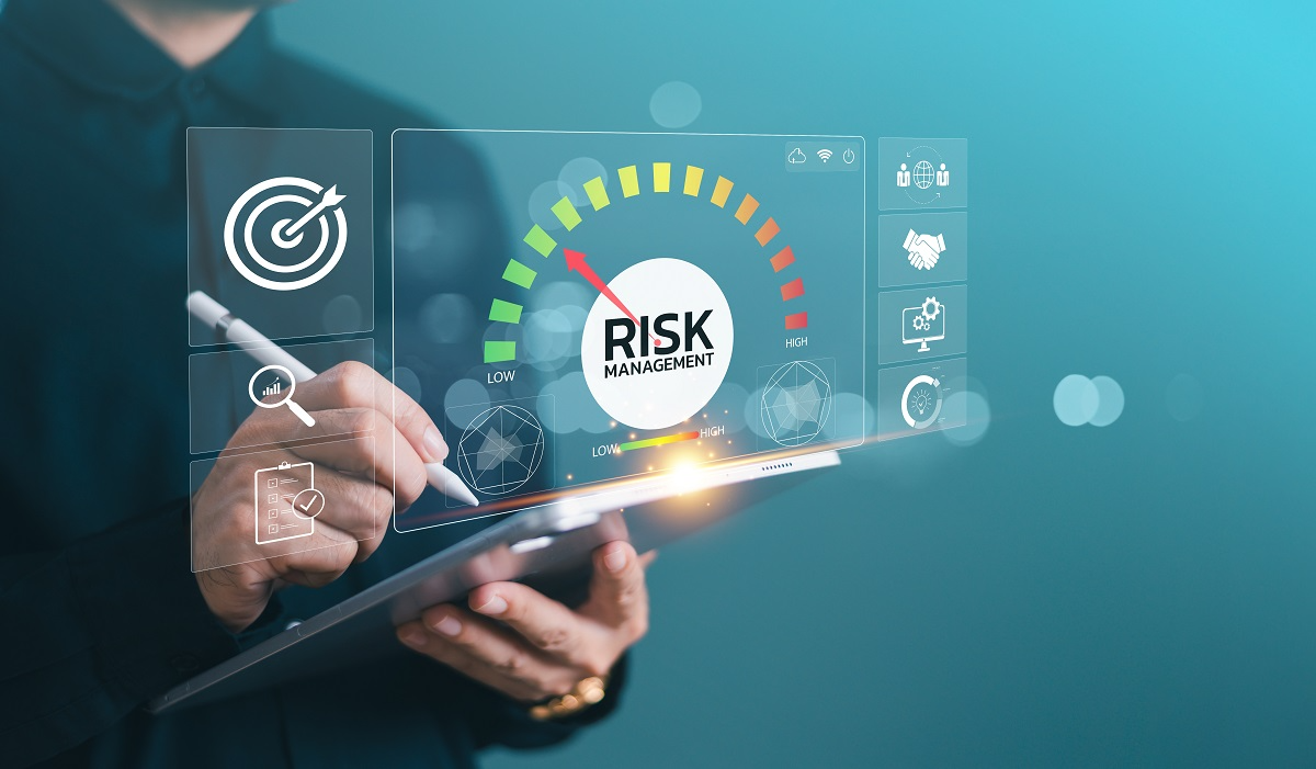 Digital risk management dashboard showing a low-to-high risk meter, illustrating how organizations evaluate and monitor high-risk AI models throughout their lifecycle