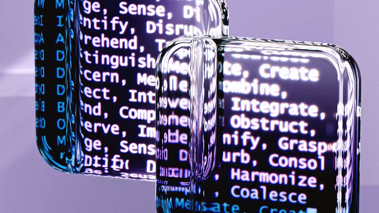 Distorted lines of code seen through glass blocks, symbolizing opaque AI agent behavior, hidden vulnerabilities, and security blind spots in autonomous systems