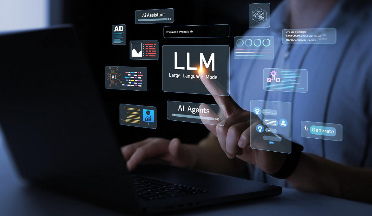 Diagram-style interface showing a large language model connected to prompts, AI agents, and external data sources