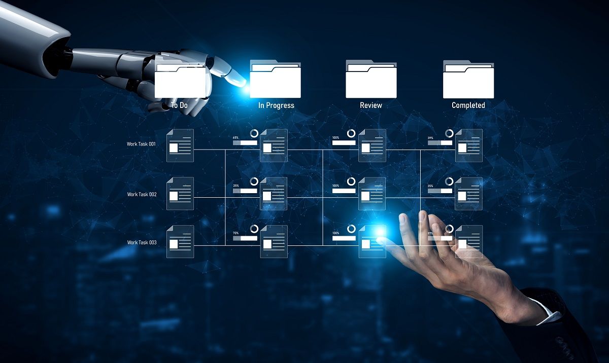 AI system managing a multi-step workflow, highlighting automation stages from task initiation to completion
