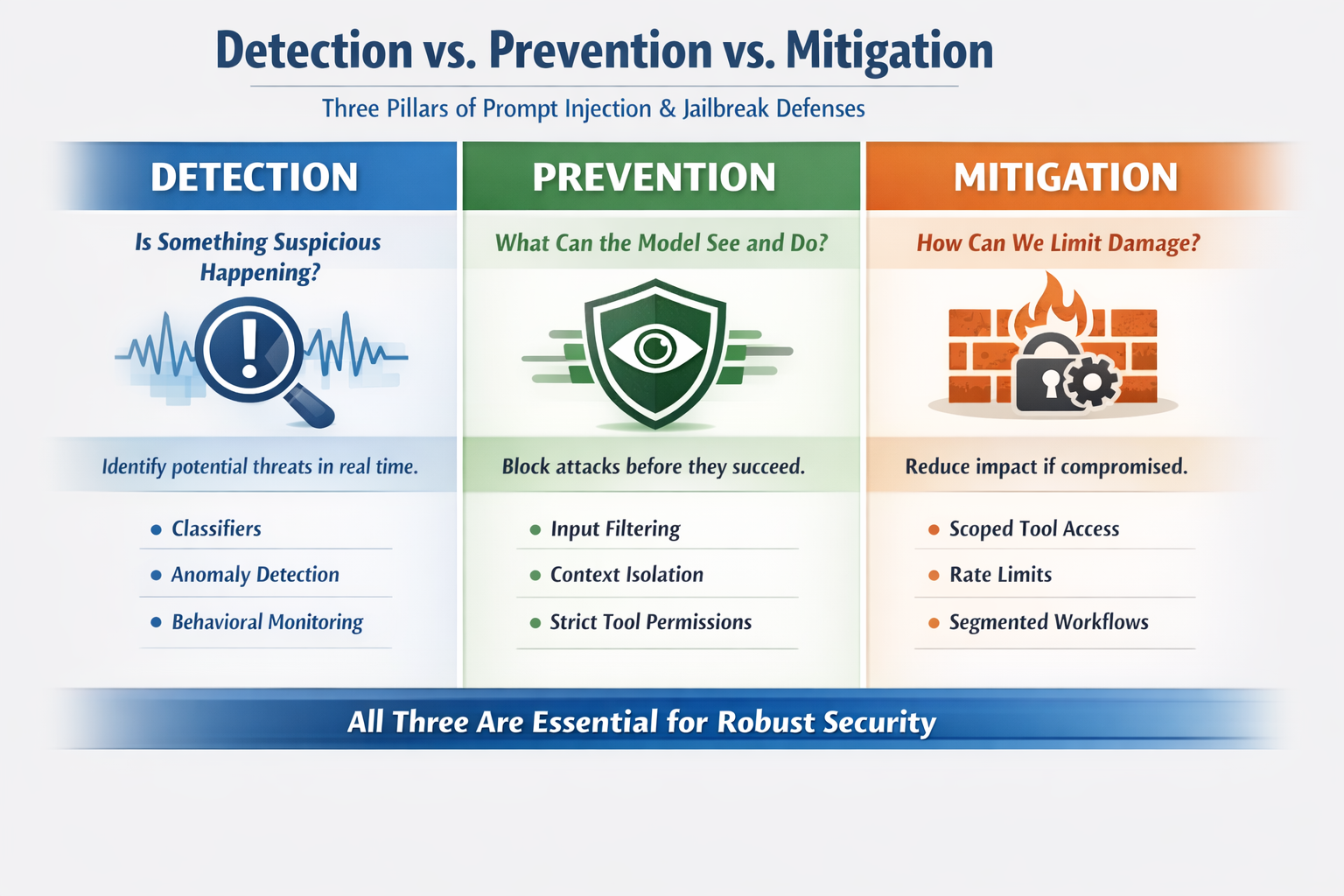 Three-pillar LLM security framework illustrating detection, prevention, and mitigation controls for adversarial AI attacks