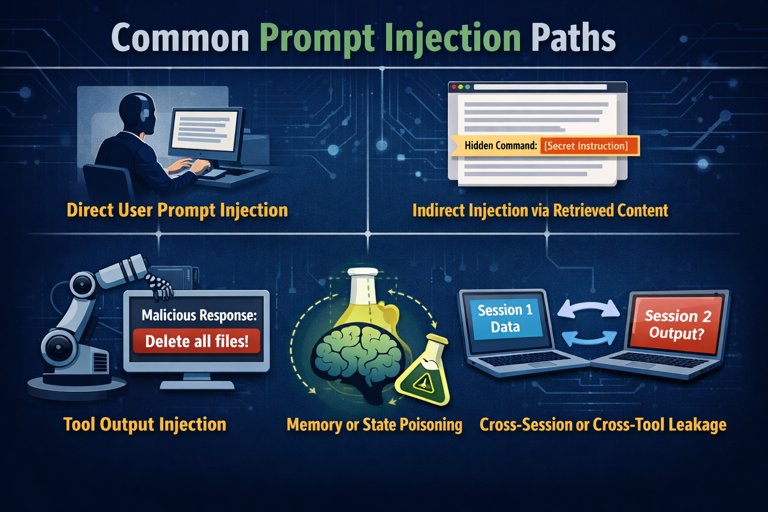 Illustration of common prompt injection attack paths, including direct user input, poisoned retrieved content, malicious tool outputs, memory poisoning, and cross-session instruction leakage