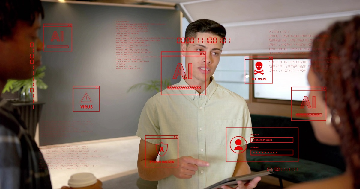 Security analyst reviewing AI system alerts and malware warnings on a digital interface representing AI threat detection and adversarial testing