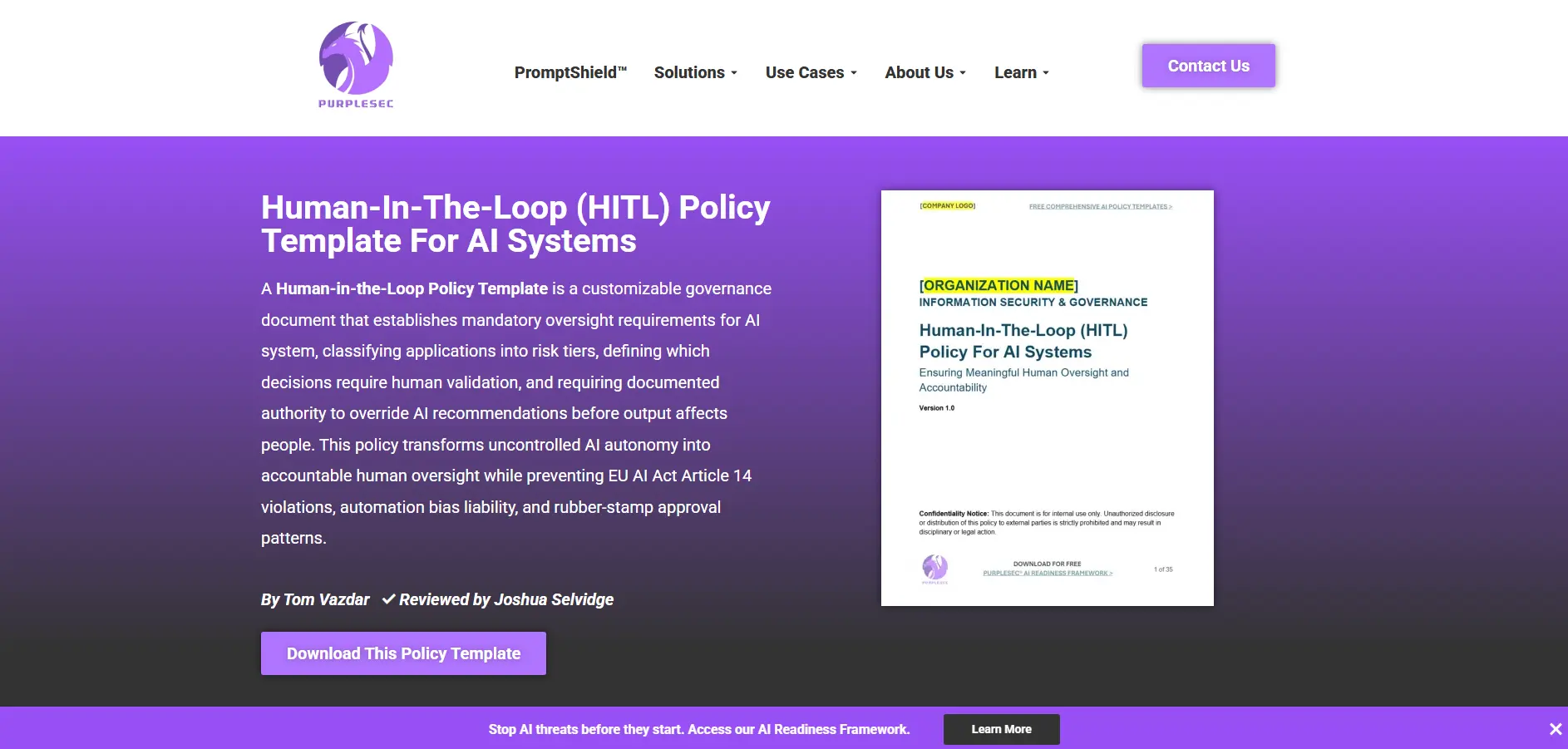 Human-In-The-Loop (HITL) Policy Template For AI Systems