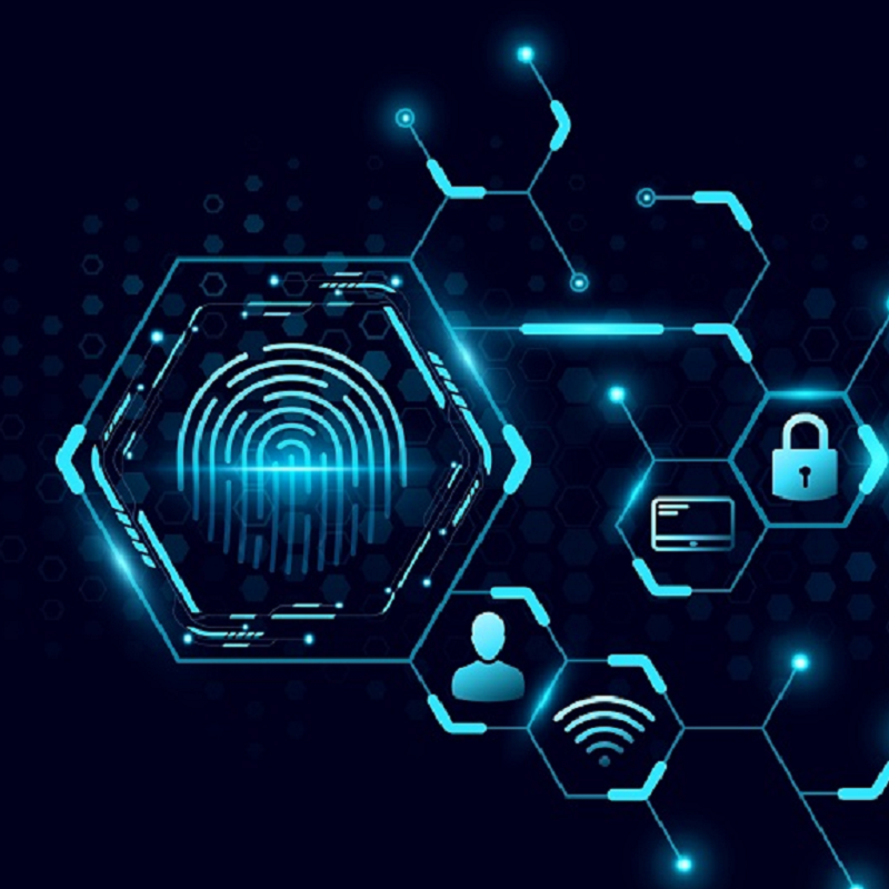 Digital AI security network illustration featuring biometric authentication, encryption, connected devices, and cybersecurity protection icons on a blue technology background