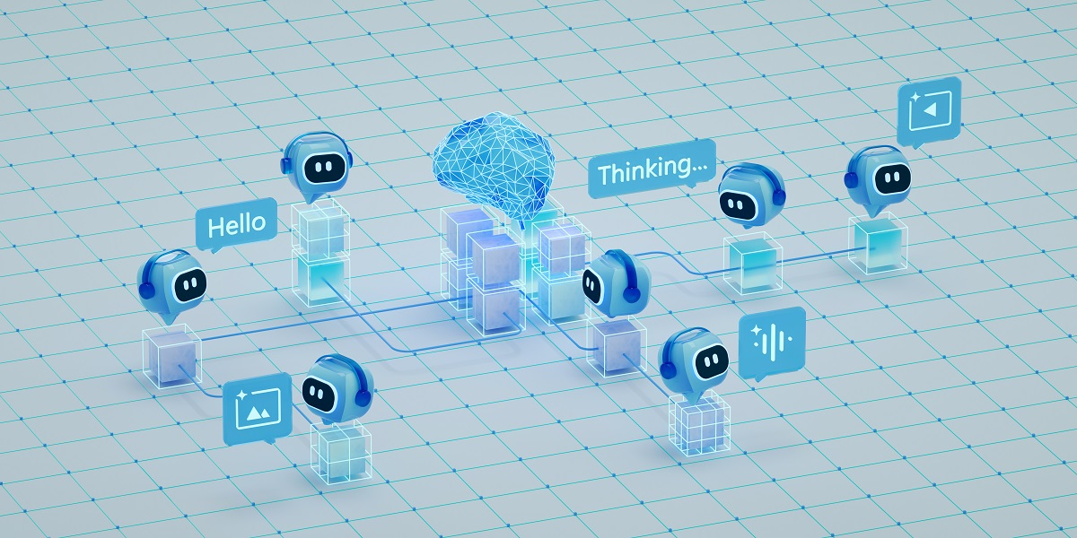 Visualization of agentic AI systems communicating across a connected AI workflow network