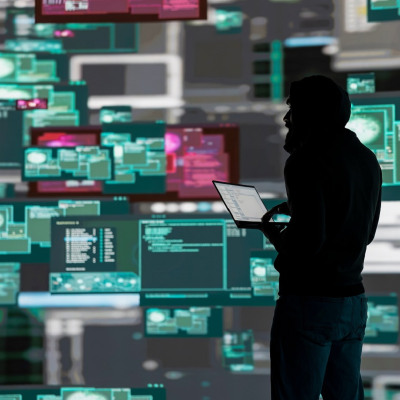 Security analyst monitoring multiple digital screens and code interfaces to detect AI data poisoning, data corruption, model tampering, and suspicious activity within machine learning systems