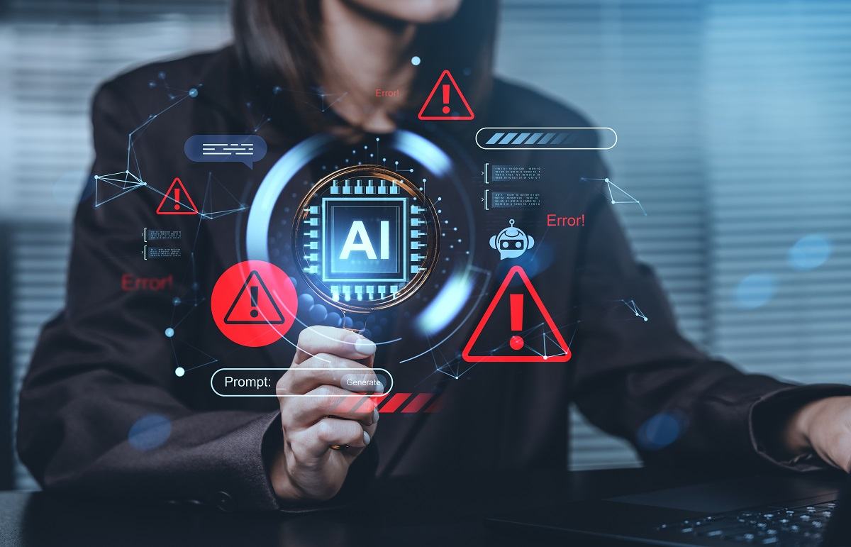 Cybersecurity professional analyzing AI system warnings and error alerts, representing data poisoning attacks, data corruption, AI model vulnerabilities, and adversarial machine learning threats