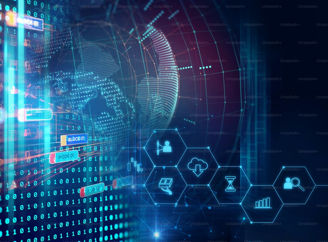 Digital AI training environment with binary code, connected data networks, and analytics dashboards, illustrating AI data poisoning and data corruption risks affecting machine learning models and training datasets