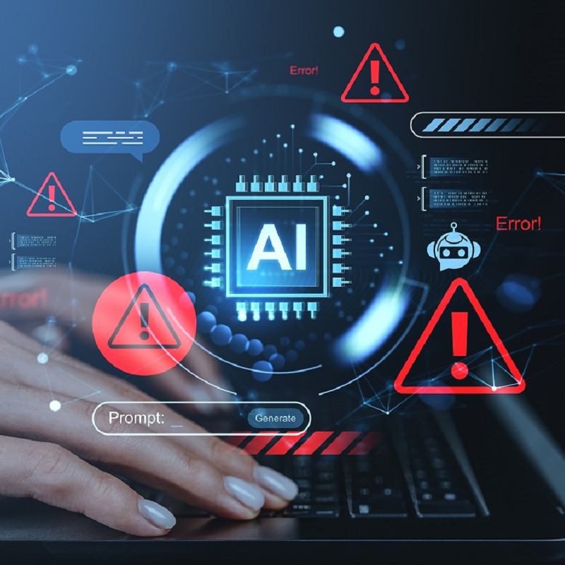 AI system displaying error alerts and warning icons on a laptop screen, illustrating ChatGPT data poisoning attacks, corrupted training data, model vulnerabilities, and AI security threats