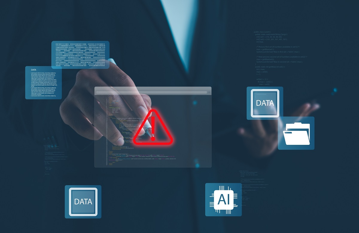 Digital warning symbol over AI and data interface, representing ChatGPT data poisoning risks, compromised training datasets, and malicious manipulation of machine learning models.