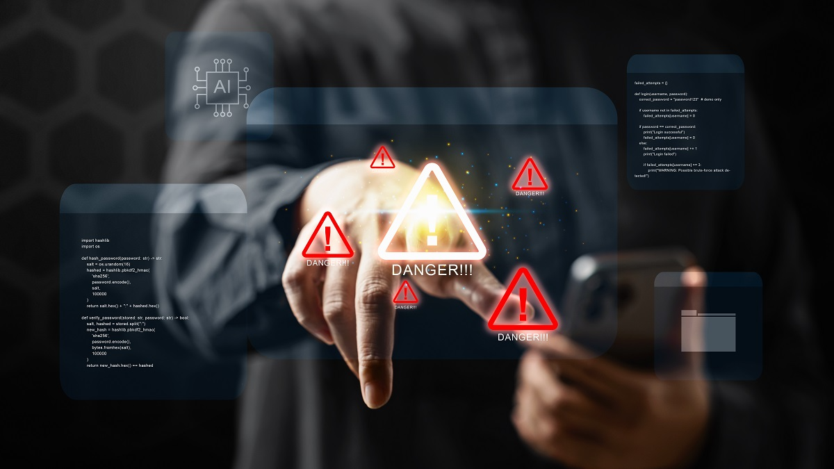 Training data poisoning concept showing a user interacting with AI security alerts, warning icons, and code overlays that represent compromised datasets, hidden backdoors, and malicious AI model behavior