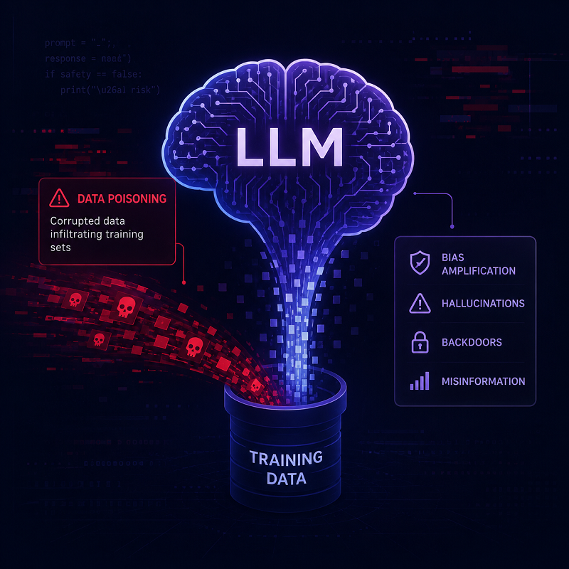 Illustration of LLM data poisoning showing corrupted training data introducing bias, hallucinations, backdoors, and misinformation into a large language model