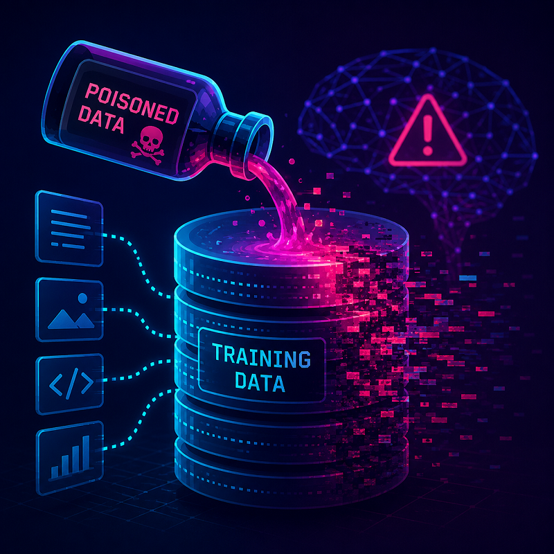Illustration of poisoned data entering a training dataset, representing a data poisoning attack on AI models