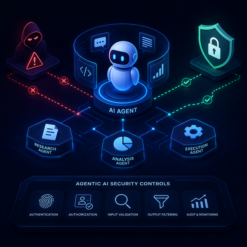 Illustration of an AI agent protected by agentic AI security controls, showing authentication, authorization, input validation, output filtering, audit and monitoring, and secure interactions between research, analysis, and execution agents while blocking 