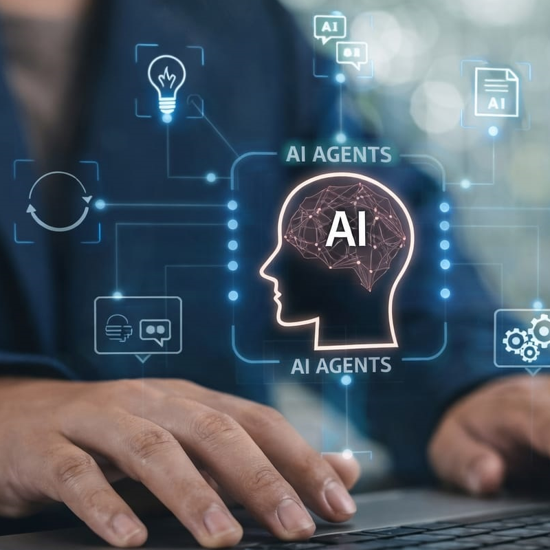 Business professional using a laptop with an AI agents interface showing connected tools, tasks, and automation icons