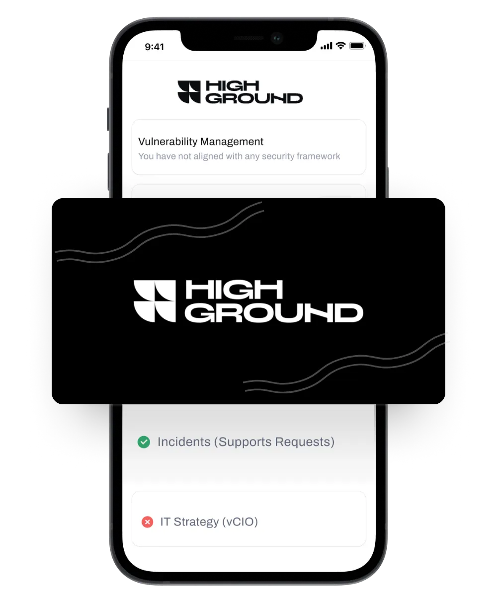 Mobile phone screen showing High Ground app with vulnerability management and IT strategy status.