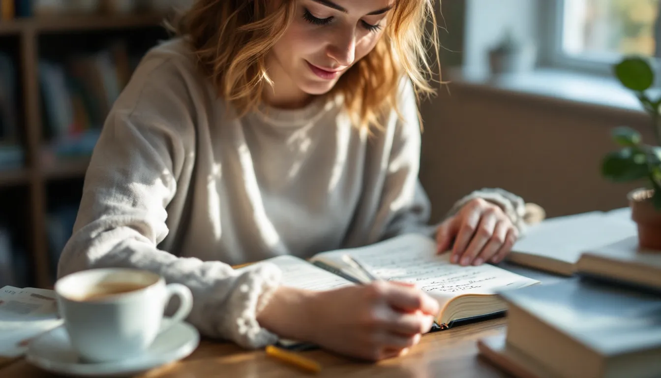 Une personne est assise à une table, écrivant dans un journal avec une expression sereine sur son visage, semblant réfléchir à ses émotions et à son bien-être. Ce moment de calme pourrait être un moyen d'explorer ses pensées et de gérer ses comportements alimentaires.