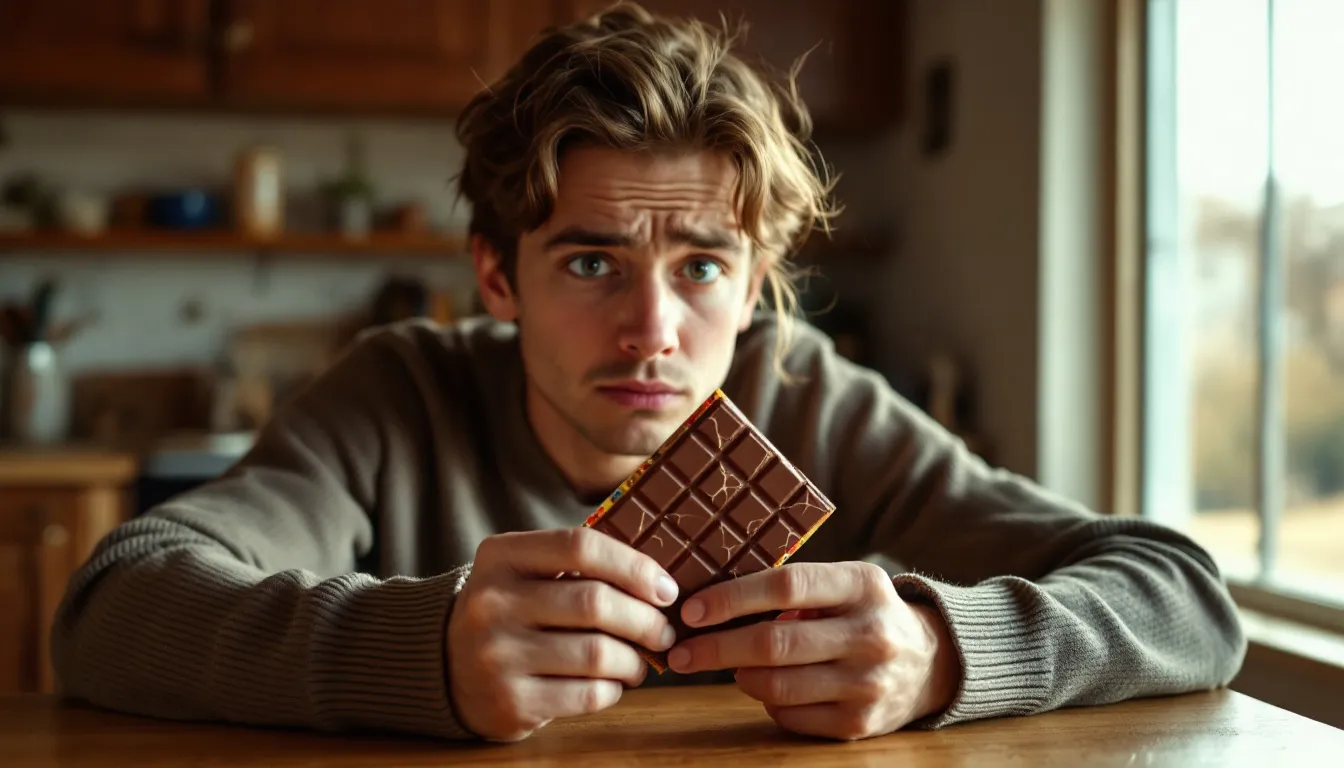 Une personne tient une tablette de chocolat, affichant une expression émotionnelle qui évoque un mélange de plaisir et de frustration. Cette image illustre le lien entre l'alimentation émotionnelle et les réactions face à des sentiments tels que l'anxiété ou la tristesse.