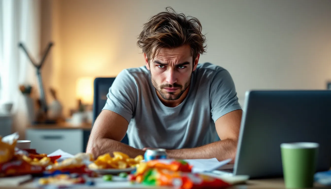 Une personne visiblement stressée est assise devant un ordinateur, entourée de divers snacks comme des biscuits et du chocolat, illustrant l'alimentation émotionnelle. Cette scène évoque la lutte entre la gestion des émotions et la tentation de manger pour apaiser le stress.