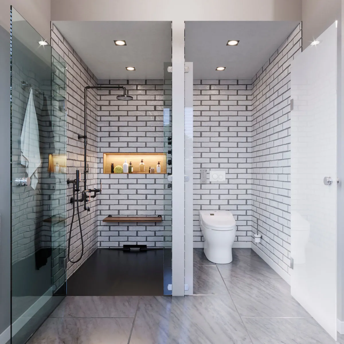 Modern bathroom featuring sleek tiles and updated fixtures after a complete remodeling project.