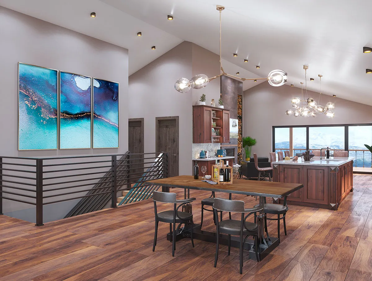 Bright kitchen remodeled with new cabinets, lighting, and a modern backsplash.