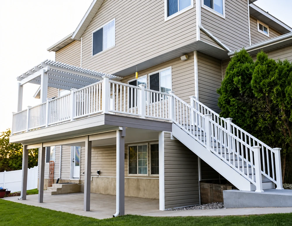 Elevated backyard deck with white vinyl railing, an attached pergola, and a covered concrete patio below